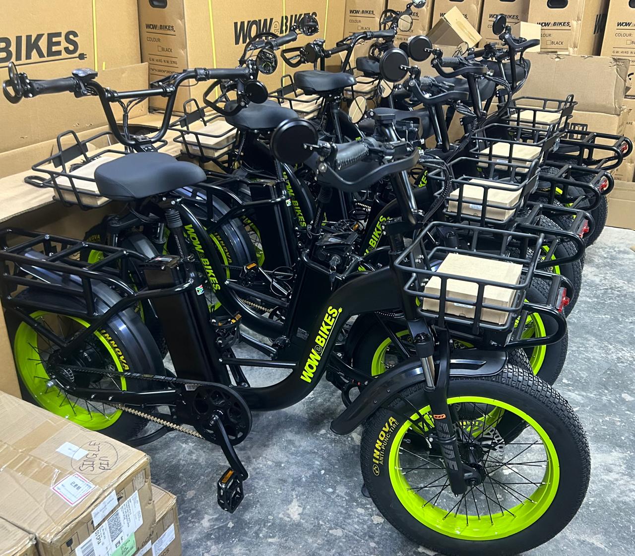 Fleet of Munzila electric fat-tyre bikes ready for guided tours